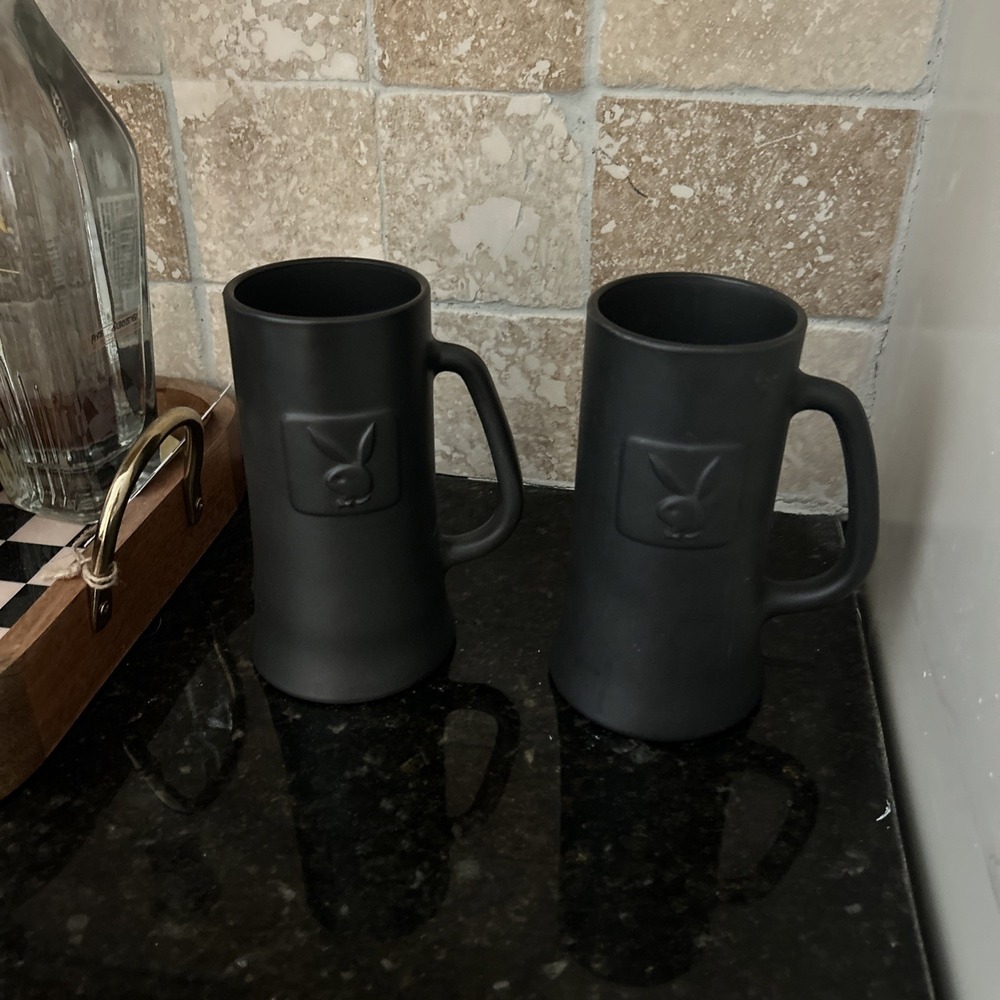 Vintage Playboy Club Beer Mug Glass Tankard 16oz Set Of 2 Black Man Cave MINT